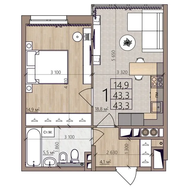Планировка 1-комнатная, 43.3 м²