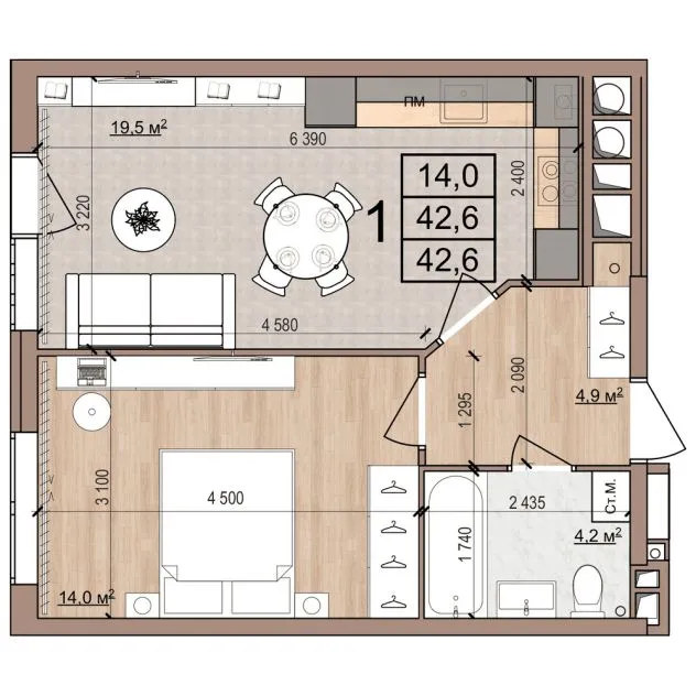 Планировка 1-комнатная, 42.6 м²