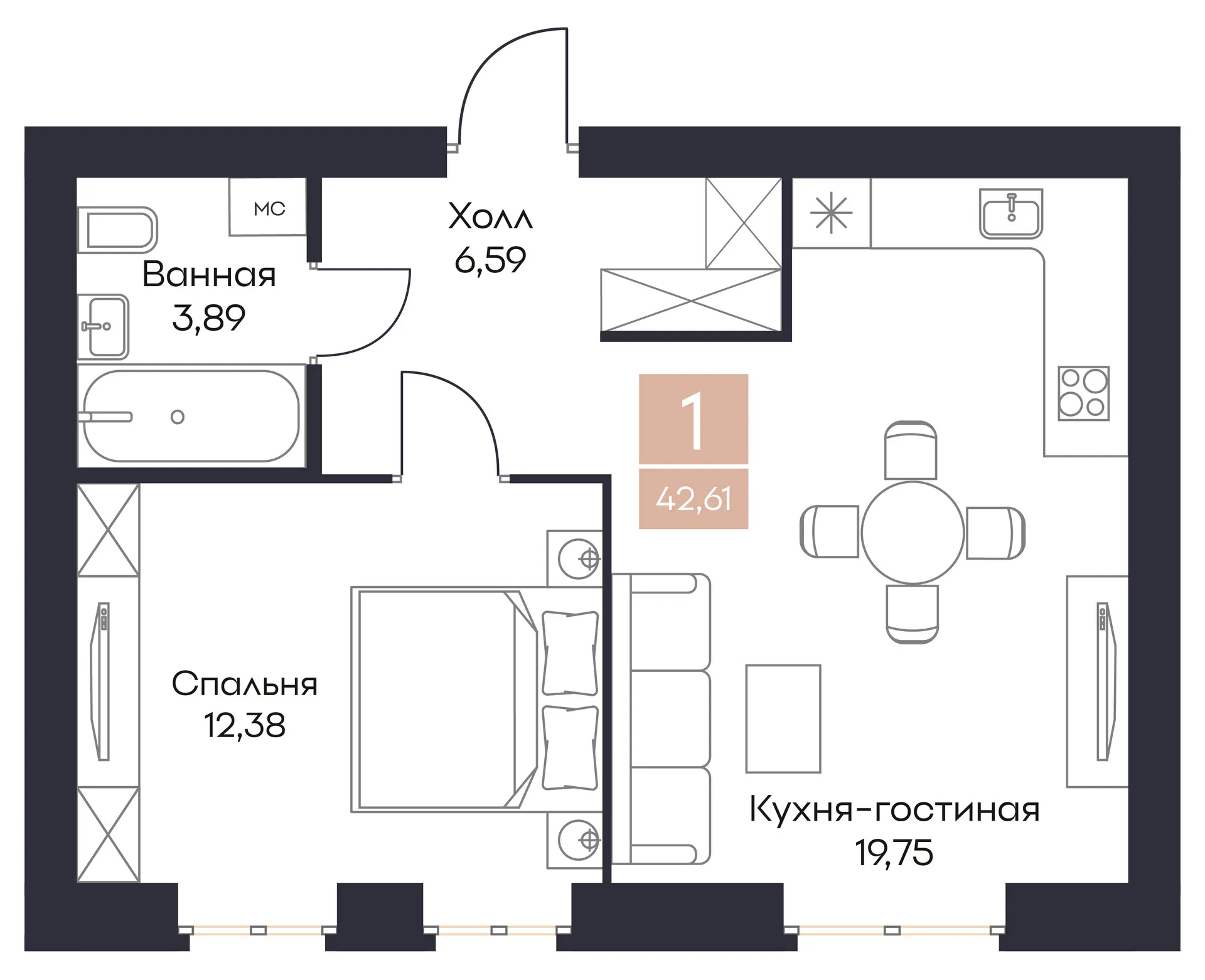 Планировка 1-комнатная, 42.61 м²