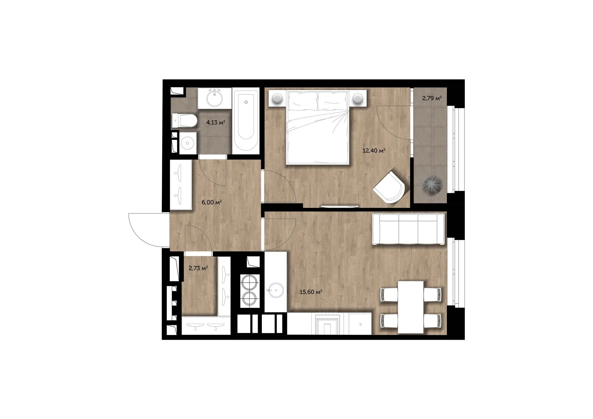 Планировка 1-комнатная, 41.45 м²