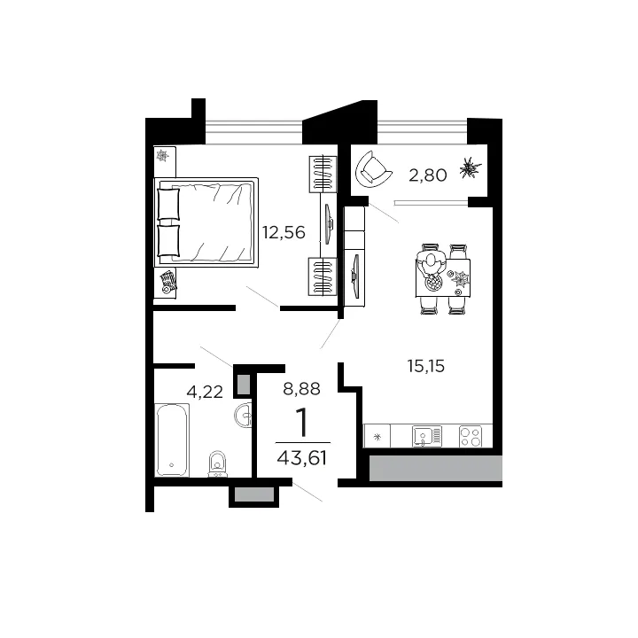 Планировка 1-комнатная, 43.61 м²