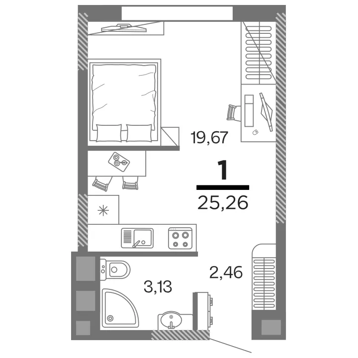 Планировка 1-комнатная, 25.26 м²