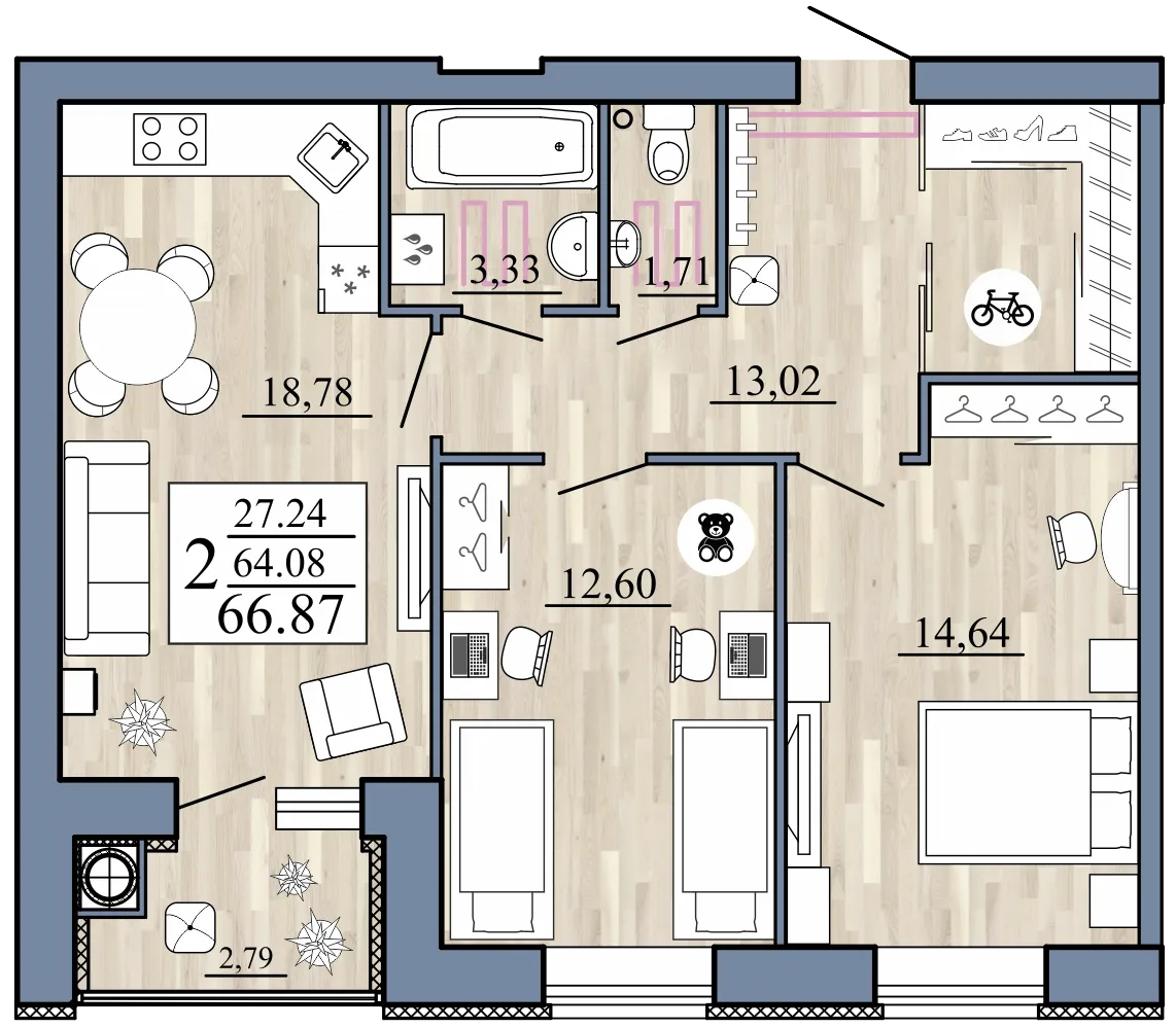 Планировка 2-комнатная, 66.87 м²
