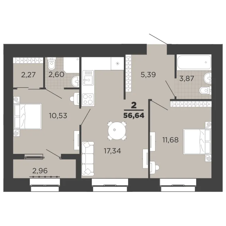 Планировка 2-комнатная, 56.64 м²