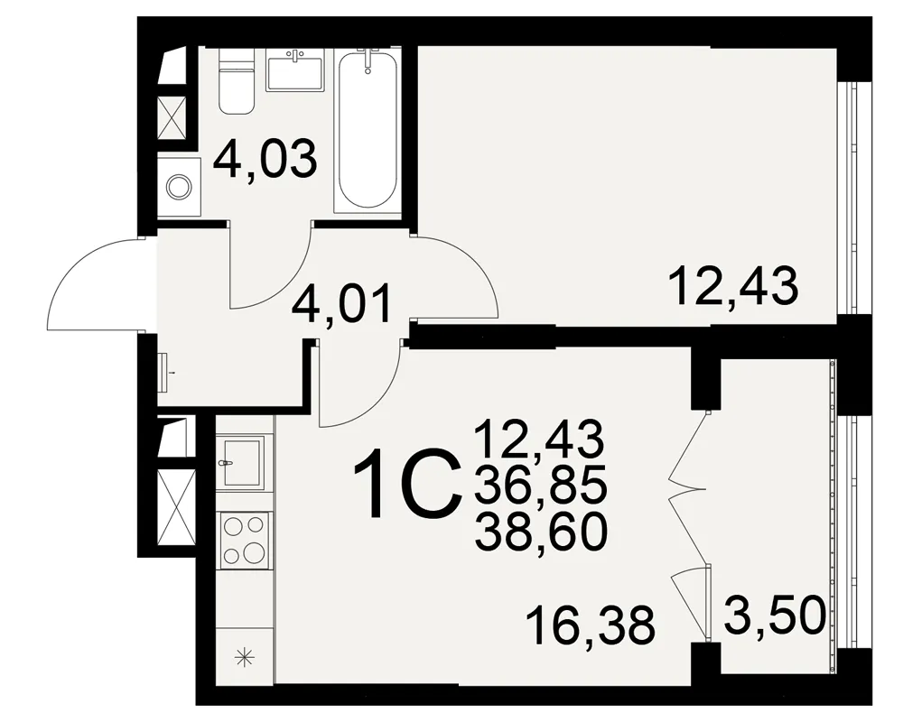 Планировка 1-комнатная, 38.6 м²