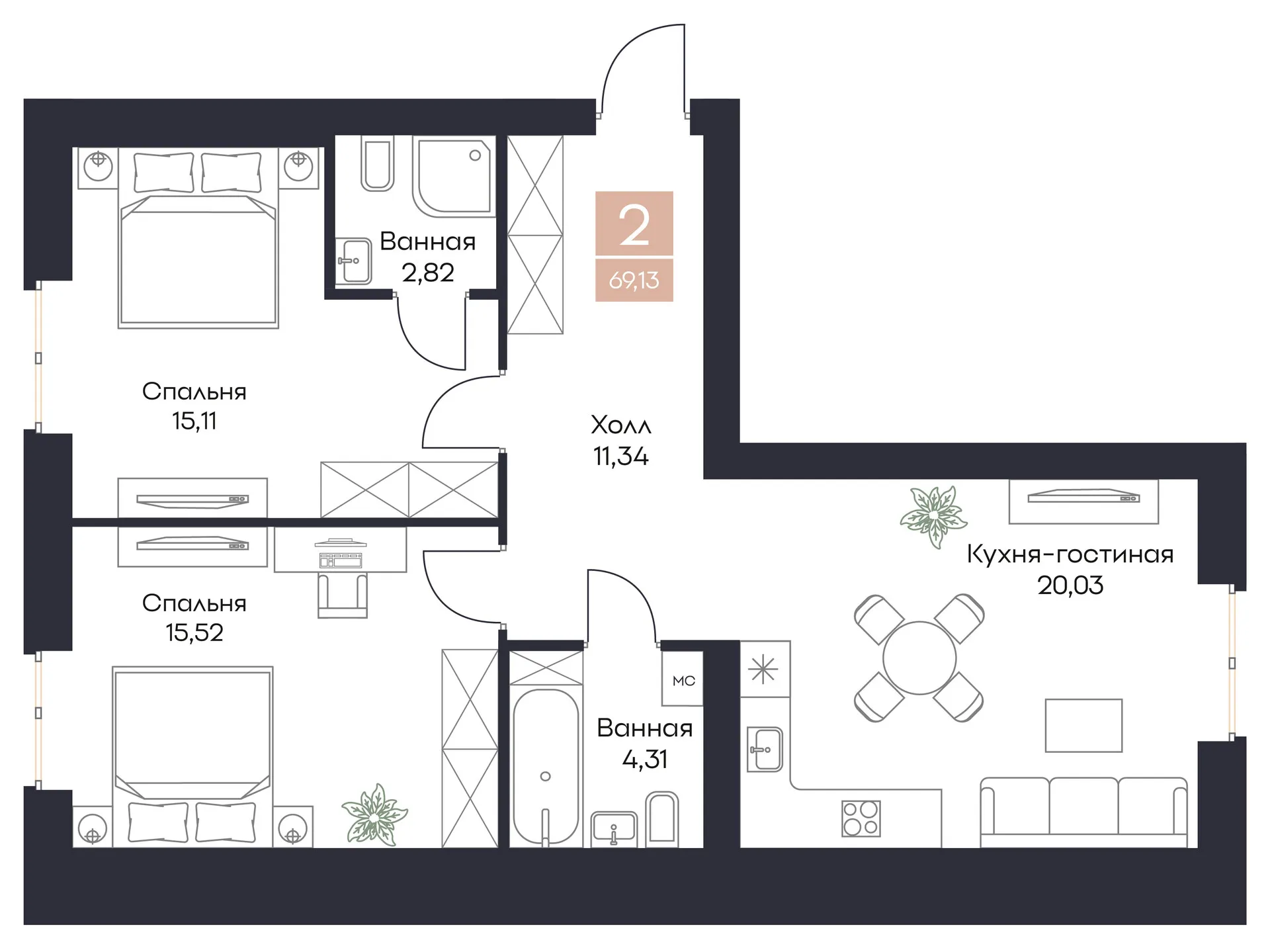 Планировка 2-комнатная, 69.13 м²