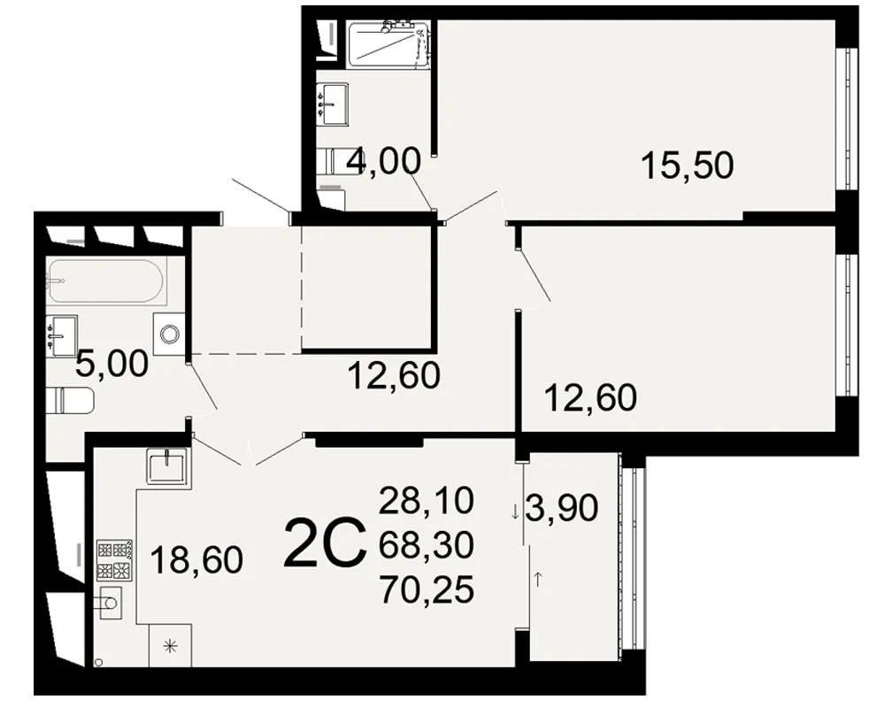 Планировка 2-комнатная, 70.25 м²