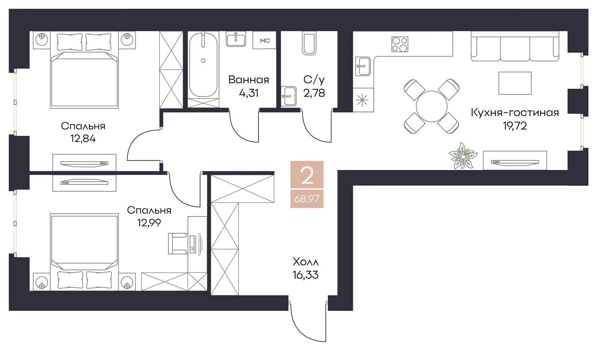 Планировка 2-комнатная, 68.97 м²