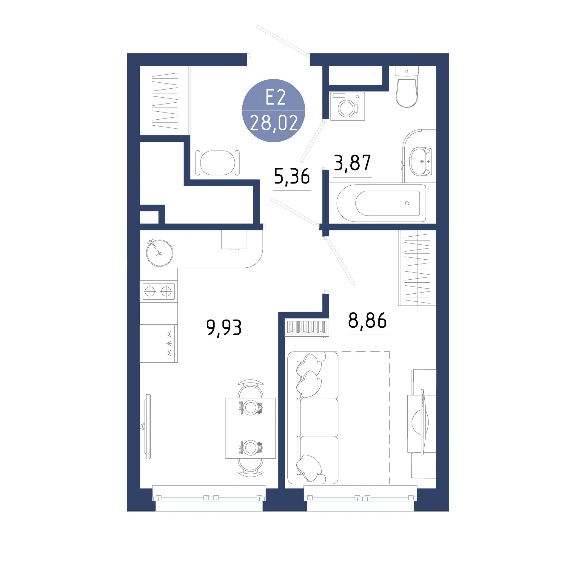 Планировка 1-комнатная, 28.02 м²