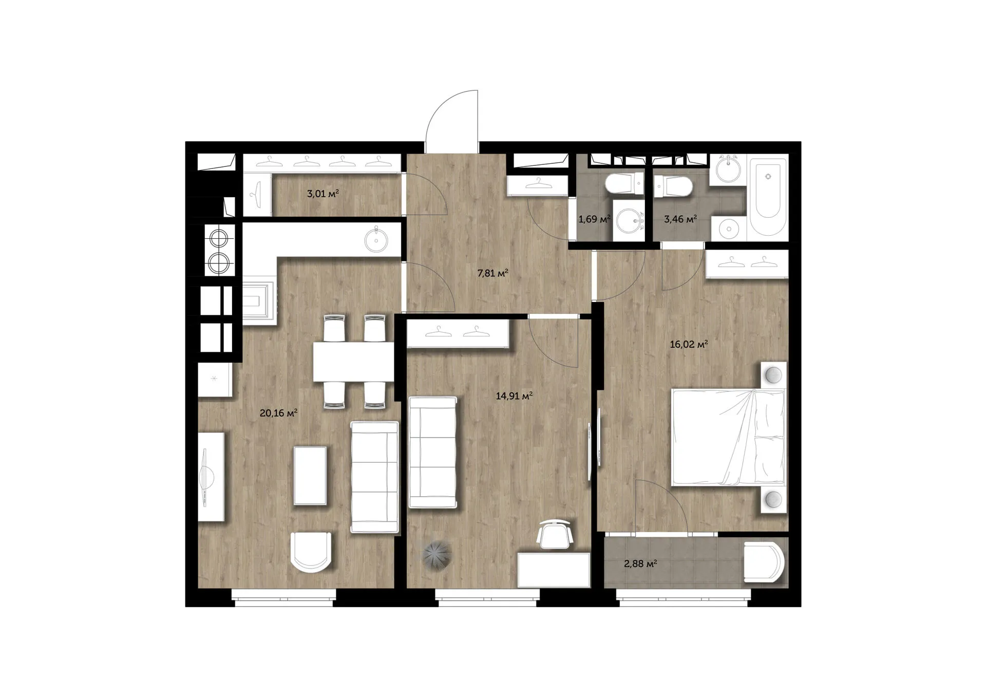 Планировка 2-комнатная, 67.7 м²