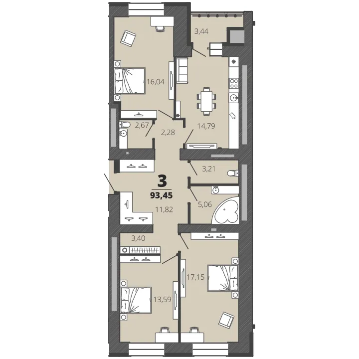 Планировка 3-комнатная, 93.45 м²