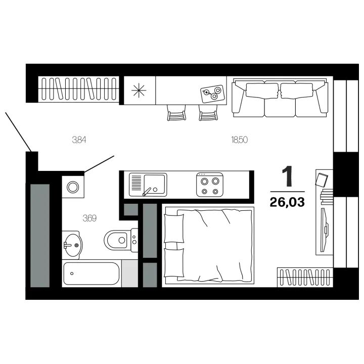 Планировка 1-комнатная, 26.03 м²
