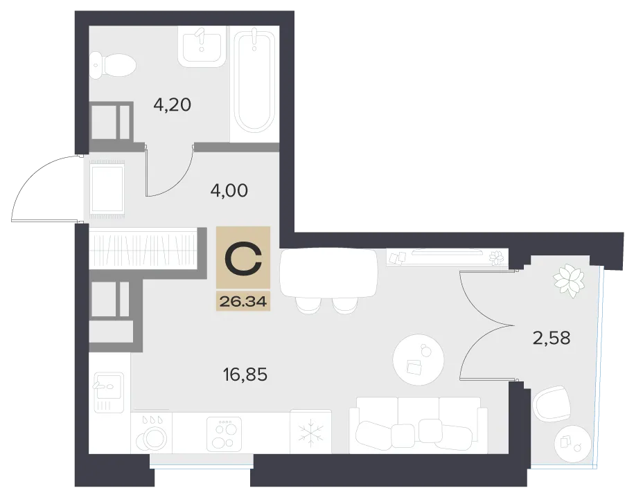 Планировка 1-комнатная, 26.34 м²