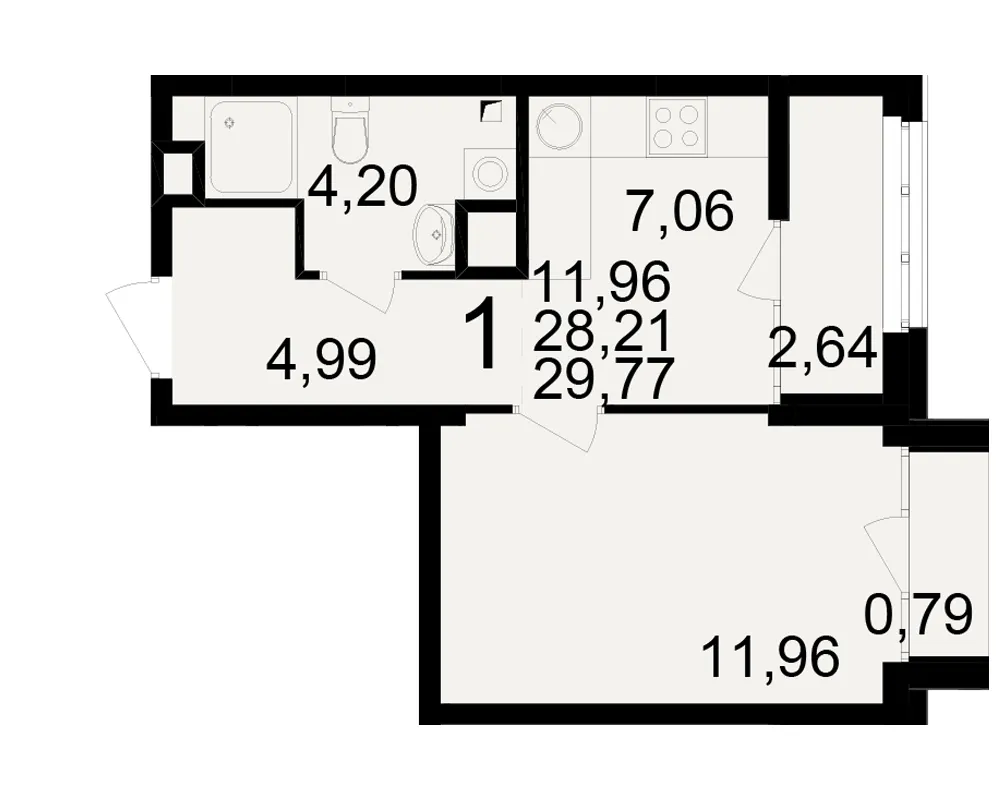 Планировка 1-комнатная, 29.77 м²