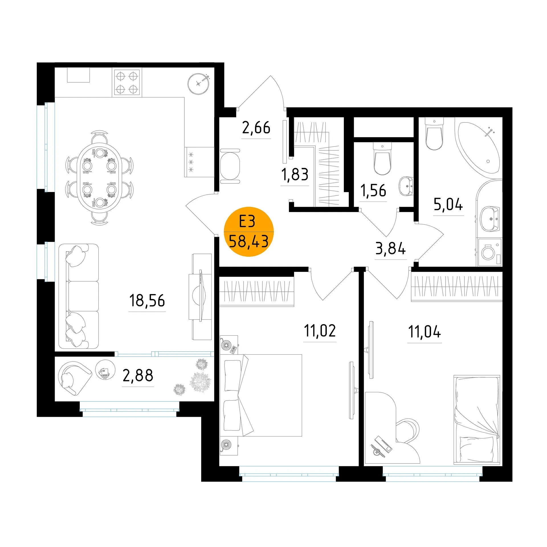 Планировка 2-комнатная, 58.43 м²
