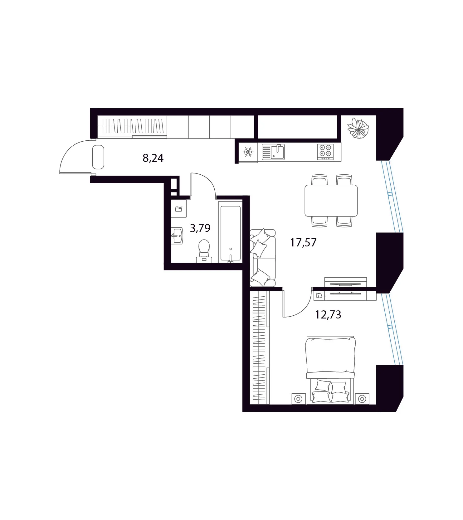 Планировка 1-комнатная, 42.33 м²