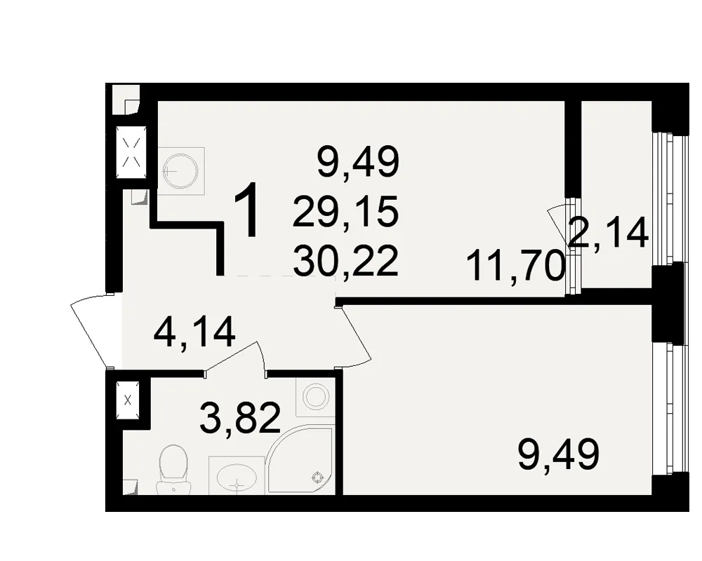 Планировка 1-комнатная, 30.22 м²
