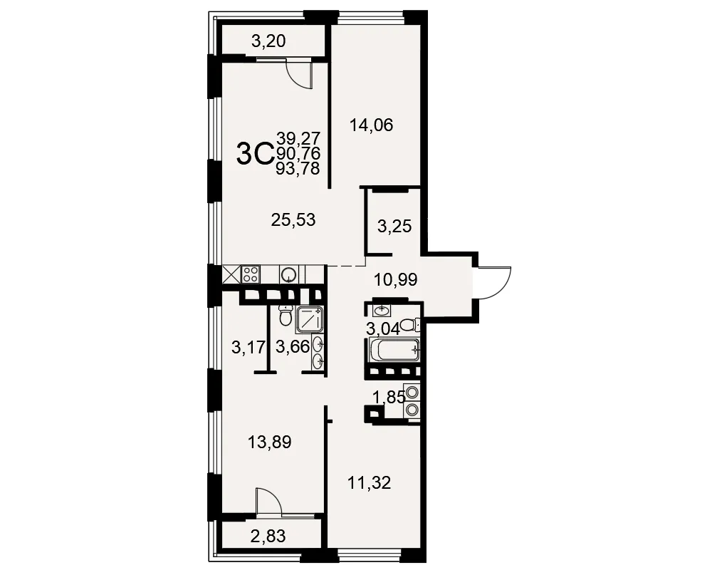Планировка 3-комнатная, 92.9 м²