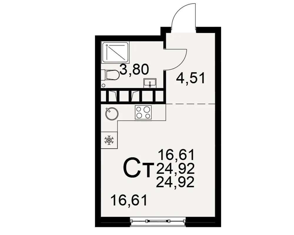 Планировка 1-комнатная, 24.92 м²