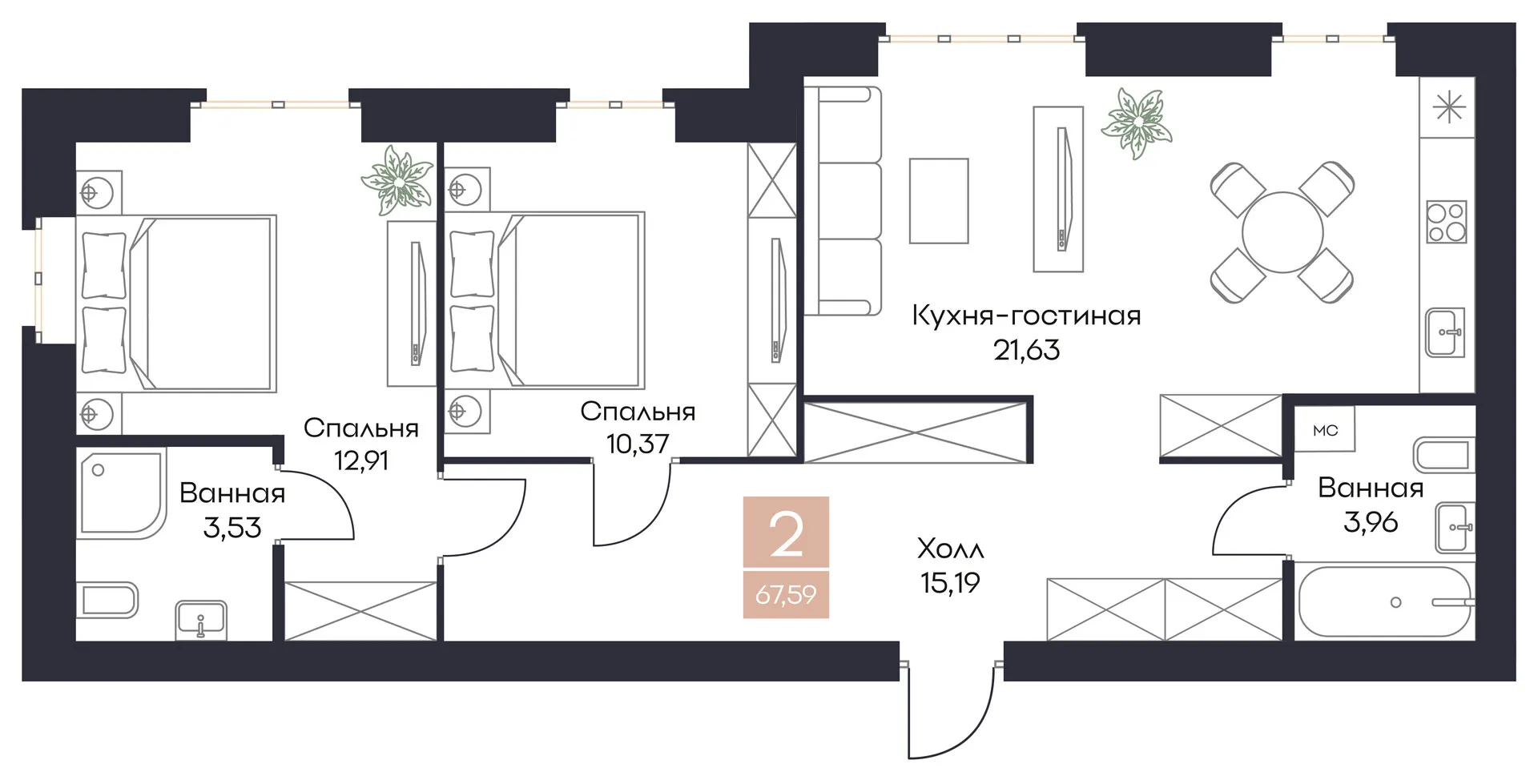 Планировка 2-комнатная, 67.59 м²