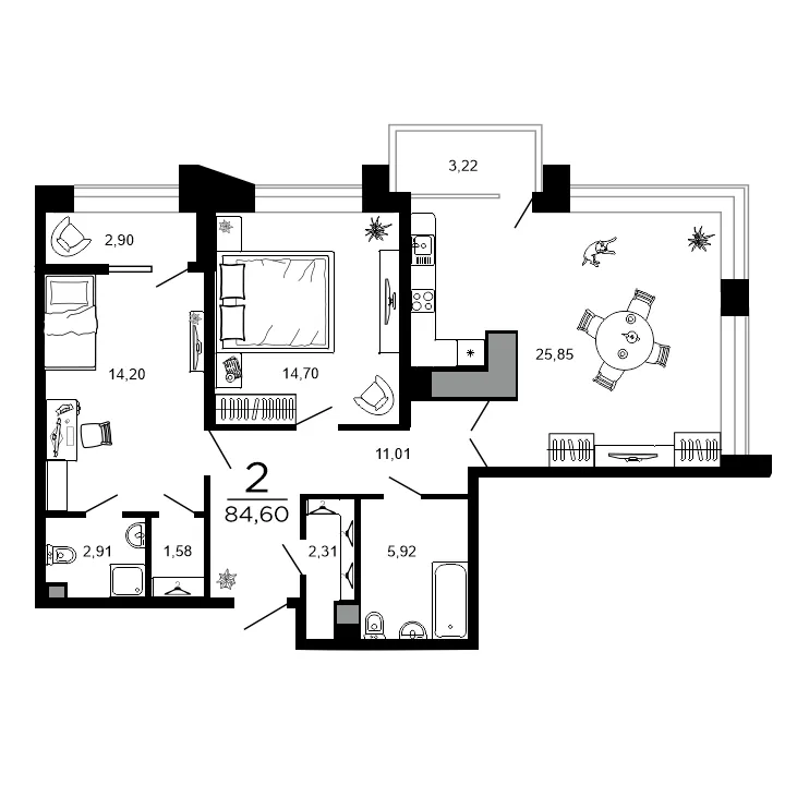 Планировка 2-комнатная, 84.6 м²