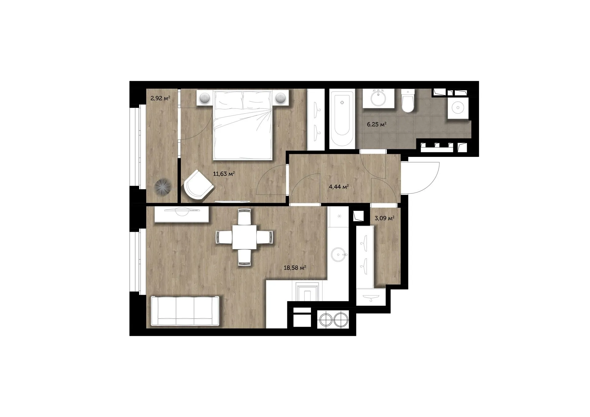 Планировка 1-комнатная, 44.7 м²