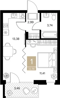 Планировка 1-комнатная, 32.56 м²