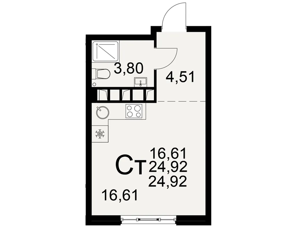 Планировка 1-комнатная, 24.92 м²