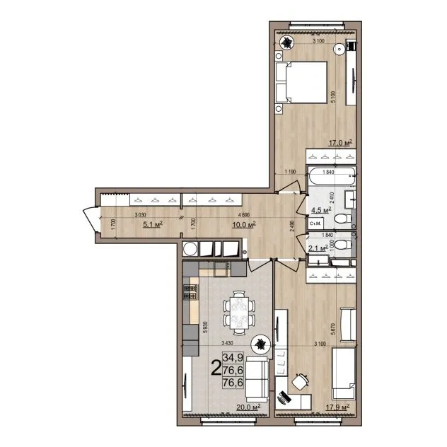 Планировка 2-комнатная, 76.6 м²