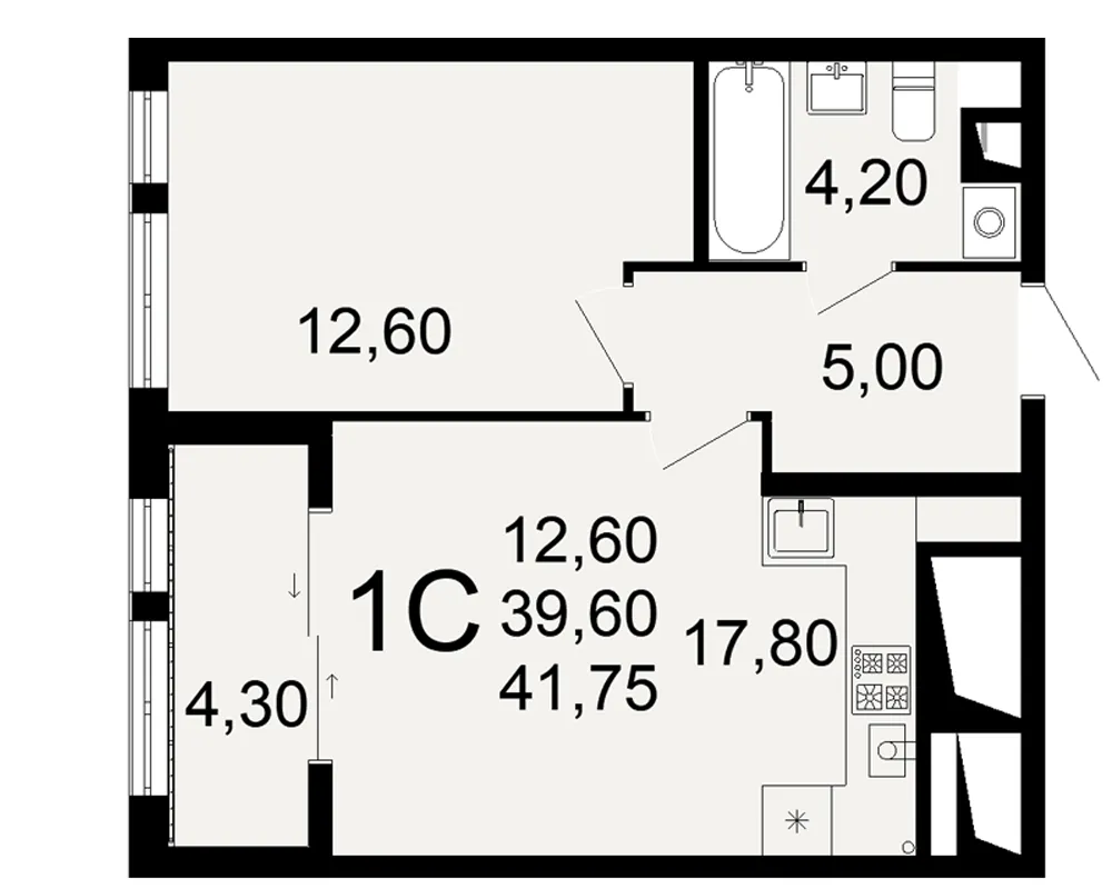 Планировка 1-комнатная, 41.75 м²