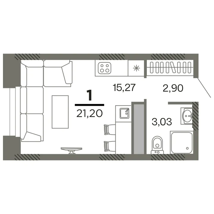 Планировка 1-комнатная, 21.2 м²