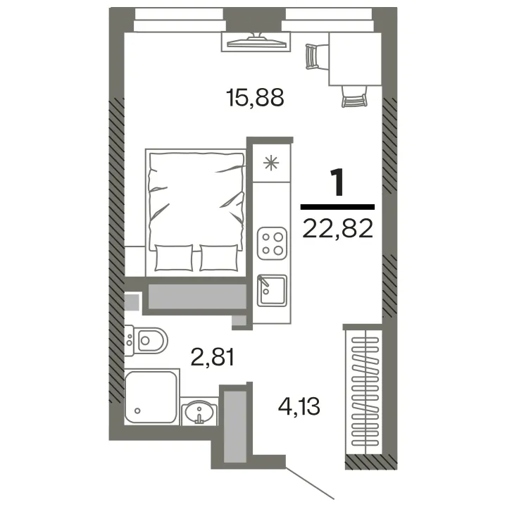 Планировка 1-комнатная, 22.82 м²