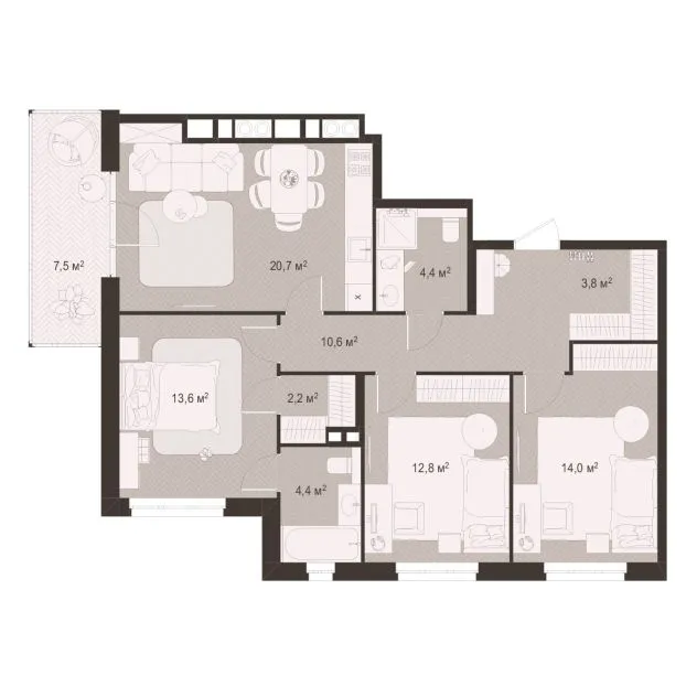Планировка 3-комнатная, 94 м²