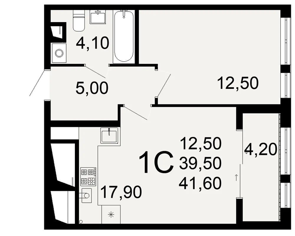 Планировка 1-комнатная, 41.6 м²