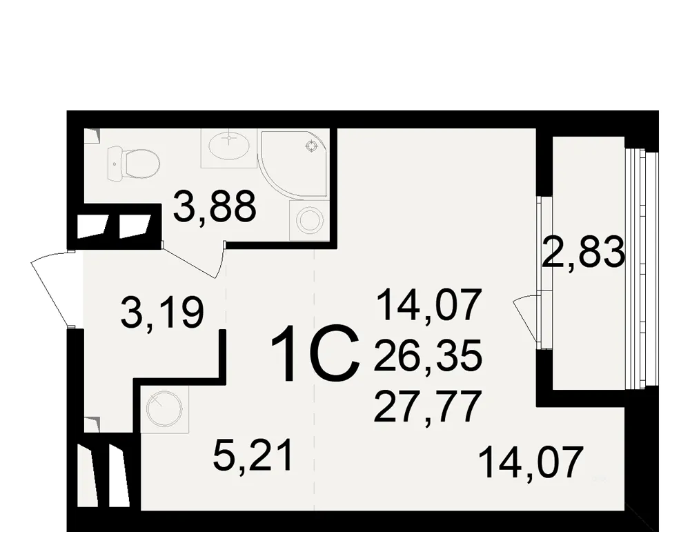 Планировка 1-комнатная, 27.77 м²