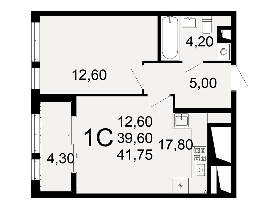 Планировка 1-комнатная, 41.75 м²