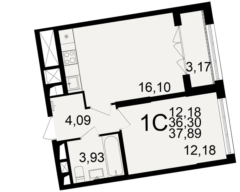 Планировка 1-комнатная, 37.89 м²