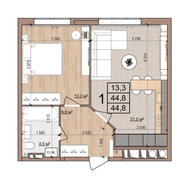 Планировка 1-комнатная, 44.8 м²