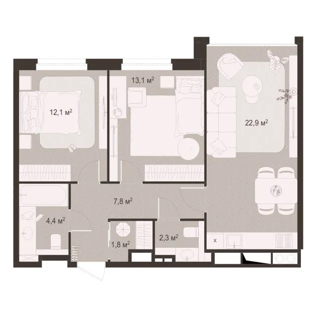 Планировка 2-комнатная, 64.8 м²