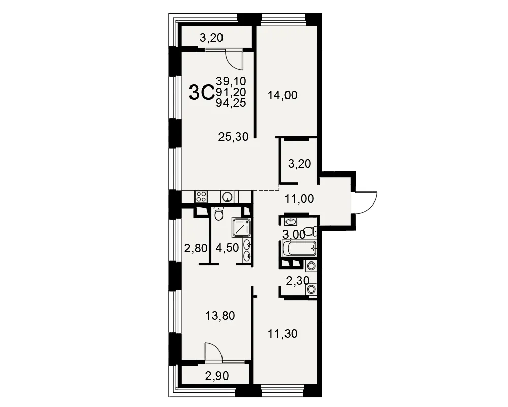 Планировка 3-комнатная, 94.25 м²