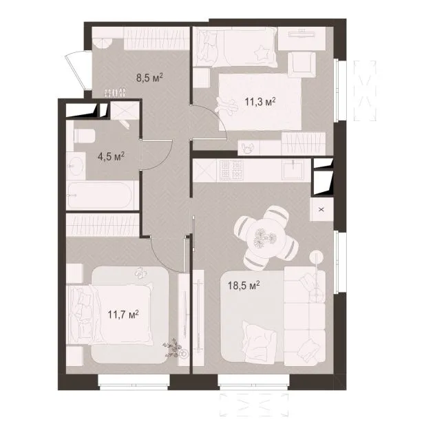 Планировка 2-комнатная, 54.5 м²