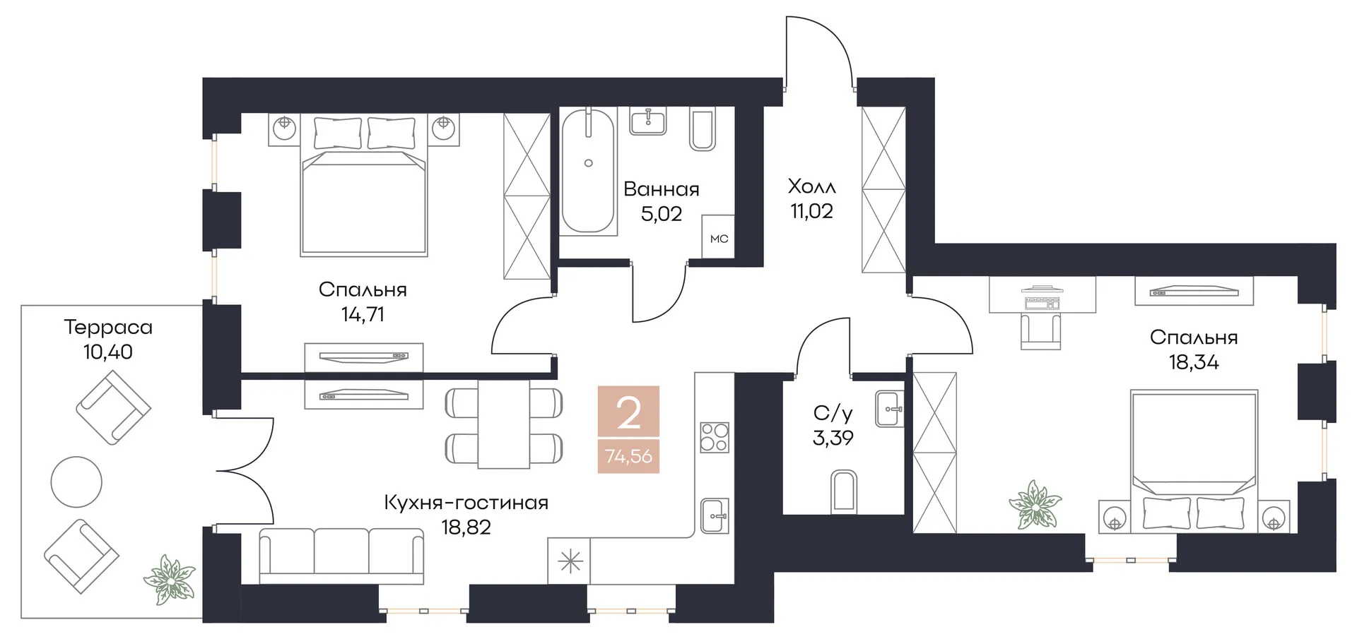 Планировка 2-комнатная, 74.56 м²