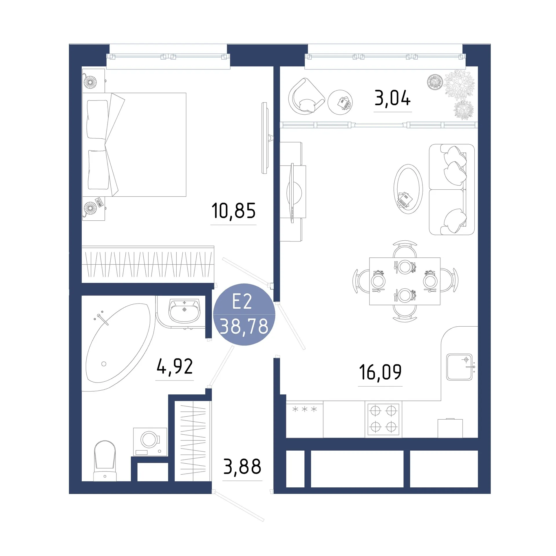 Планировка 1-комнатная, 38.78 м²