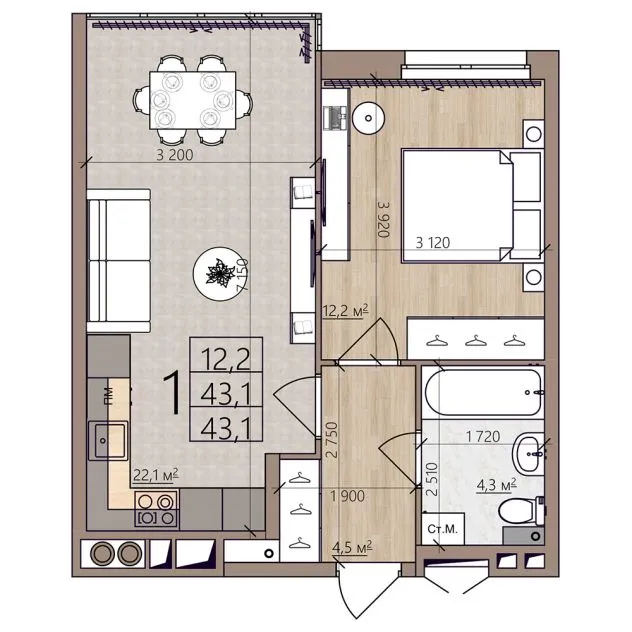 Планировка 1-комнатная, 43.1 м²