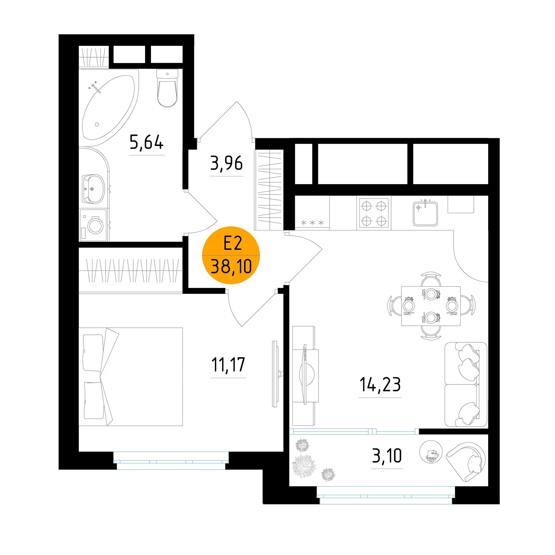 Планировка 1-комнатная, 38.1 м²