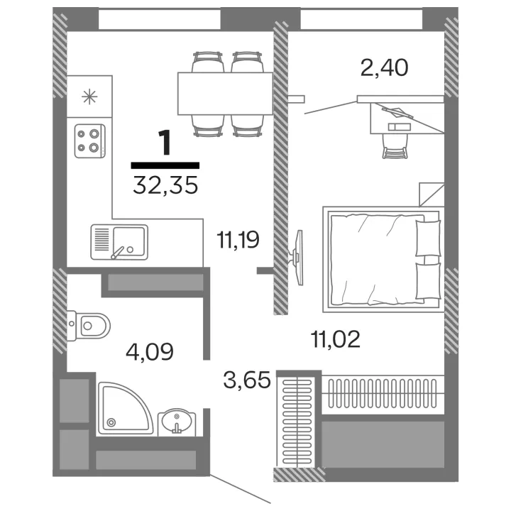 Планировка 1-комнатная, 32.35 м²