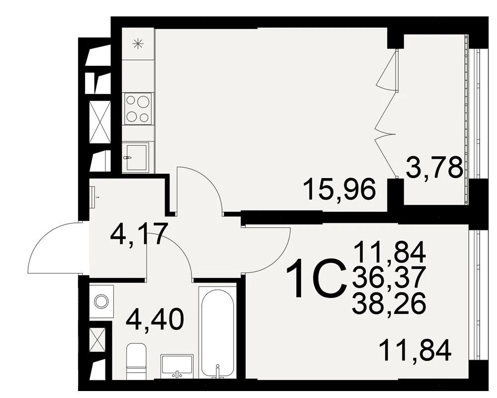 Планировка 1-комнатная, 38.26 м²