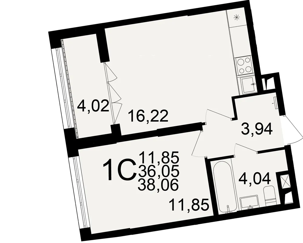 Планировка 1-комнатная, 38.06 м²