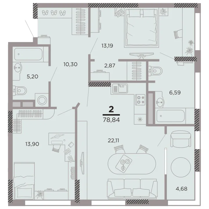 Планировка 2-комнатная, 78.84 м²