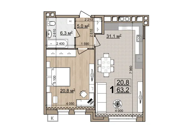 Планировка 1-комнатная, 63.2 м²